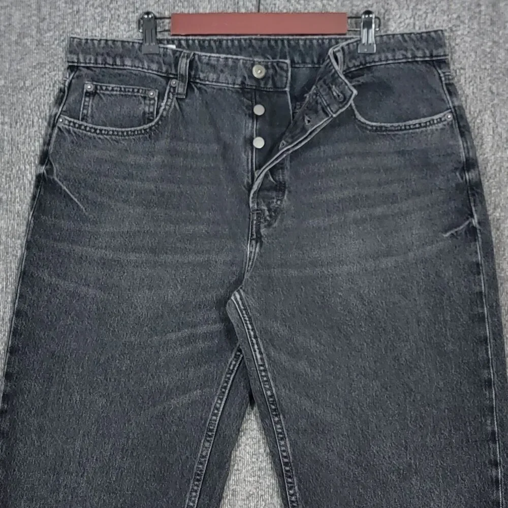 Zara Jeans Mens 36 Black Relaxed Straight Leg Faded Button Fly Denim